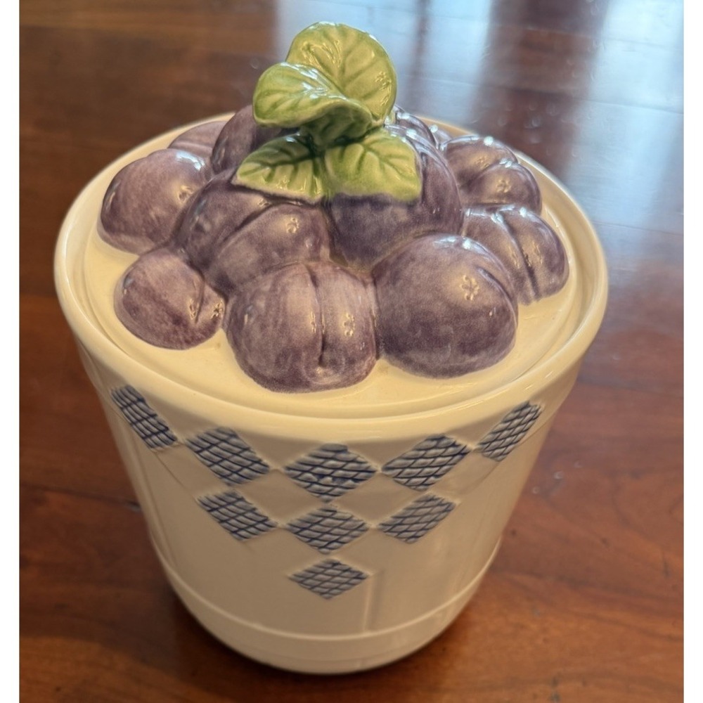 Vintage Pfaltzgraff Treasure Craft Hopscotch Plum Canister Ceramic Fruit 7"